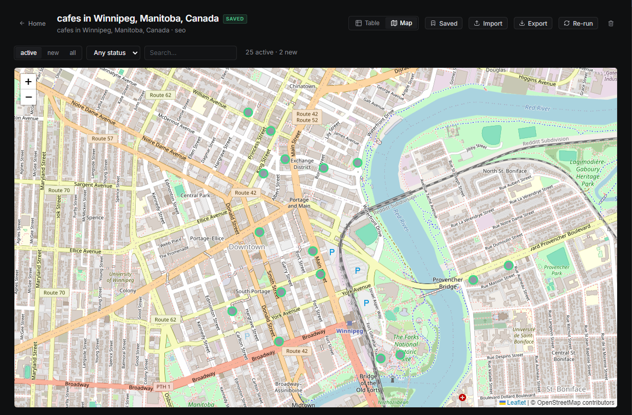 Map view with score-colored pins
